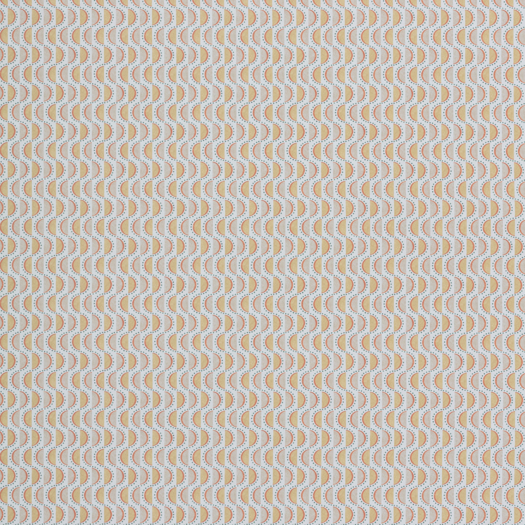 Wallpaper panel in a linear geometric print in shades of purple, blue and yellow on a light blue field.