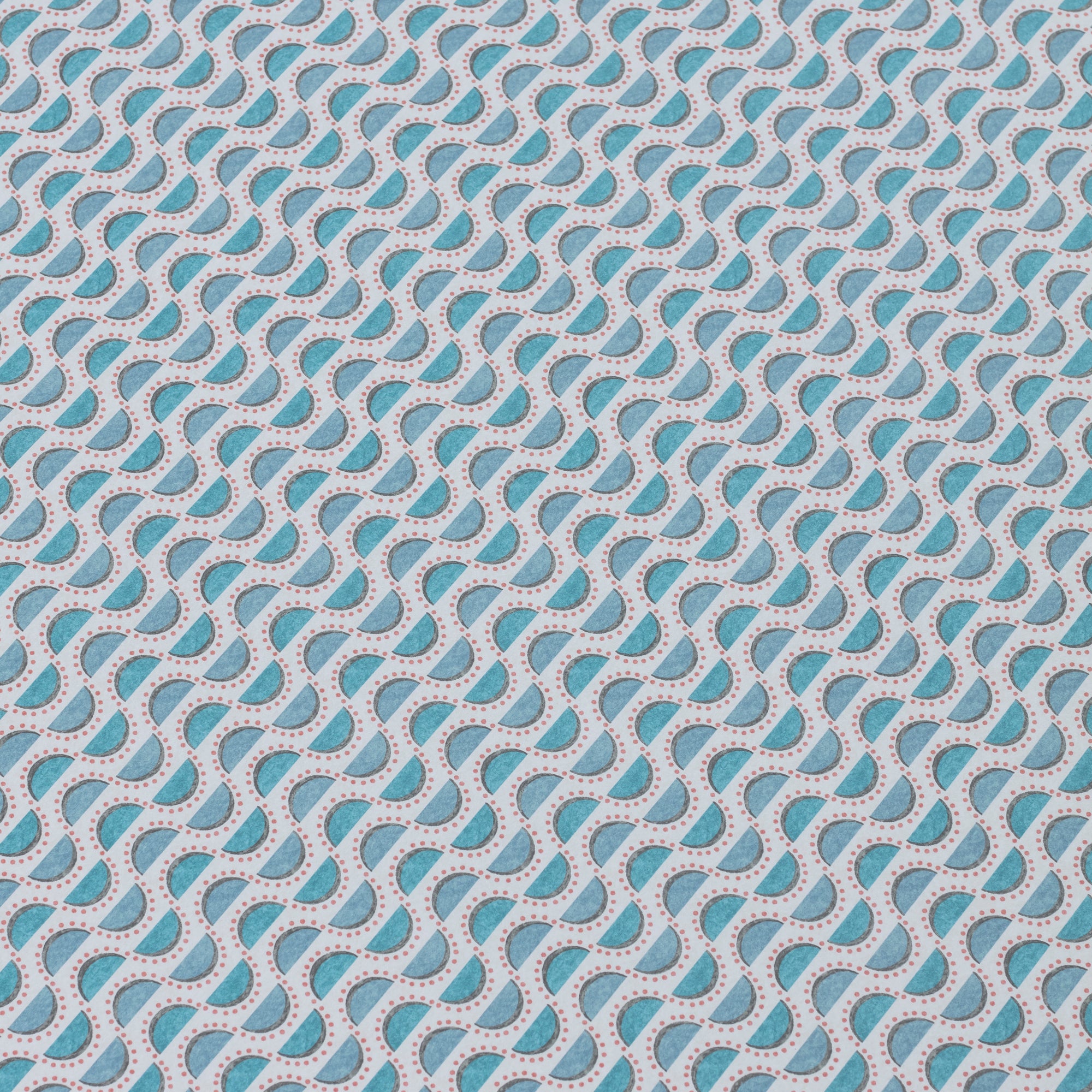 Detail of a wallpaper panel in a linear geometric print in shades of blue and pink on a light blue field.