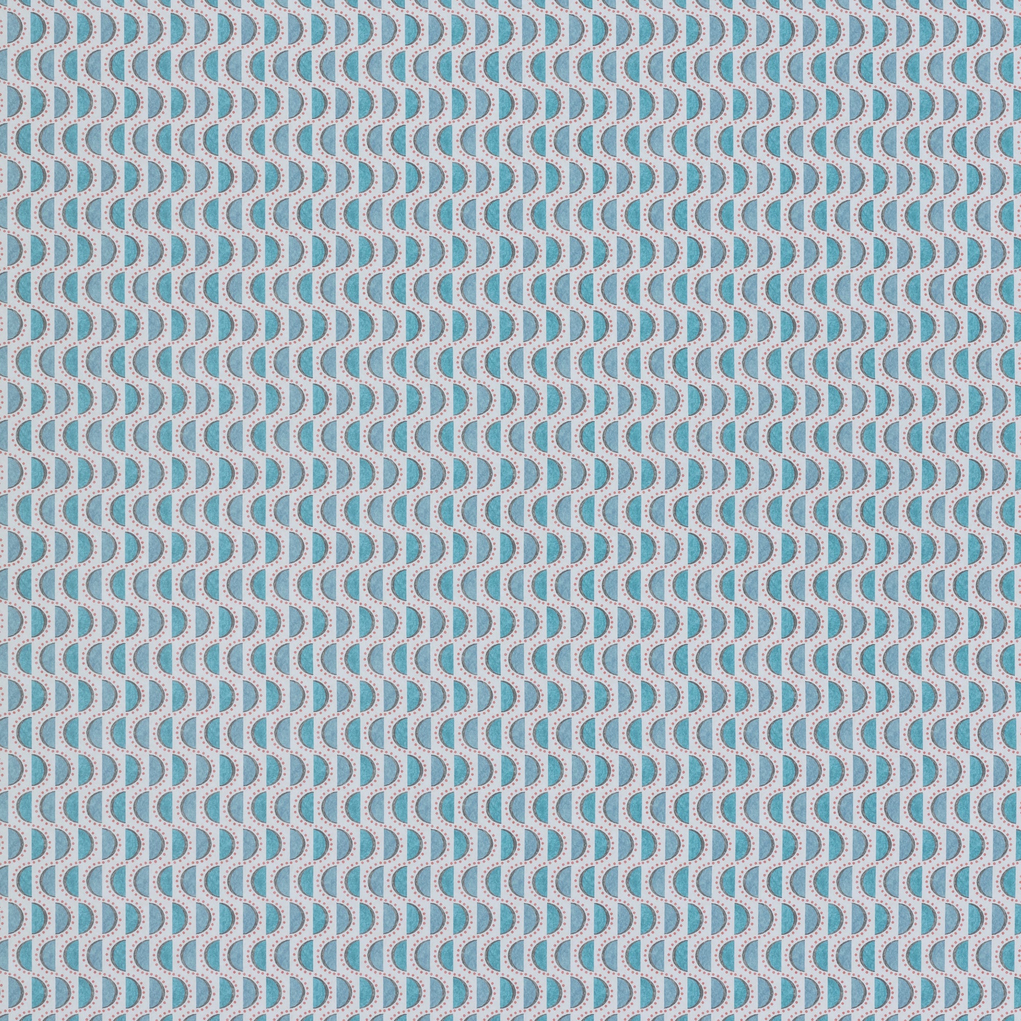 Wallpaper panel in a linear geometric print in shades of blue and pink on a light blue field.