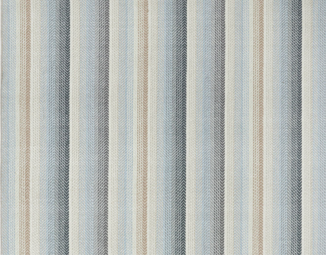 Broadloom carpet in an mixed stripe pattern in blue, grey, cream and taupe.