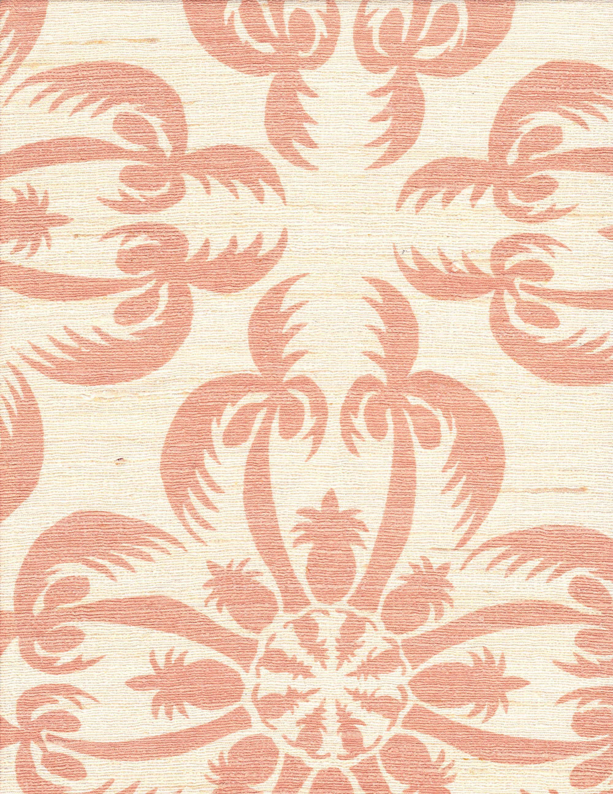 Detail of fabric in a playful botanical print in pink on a cream field.