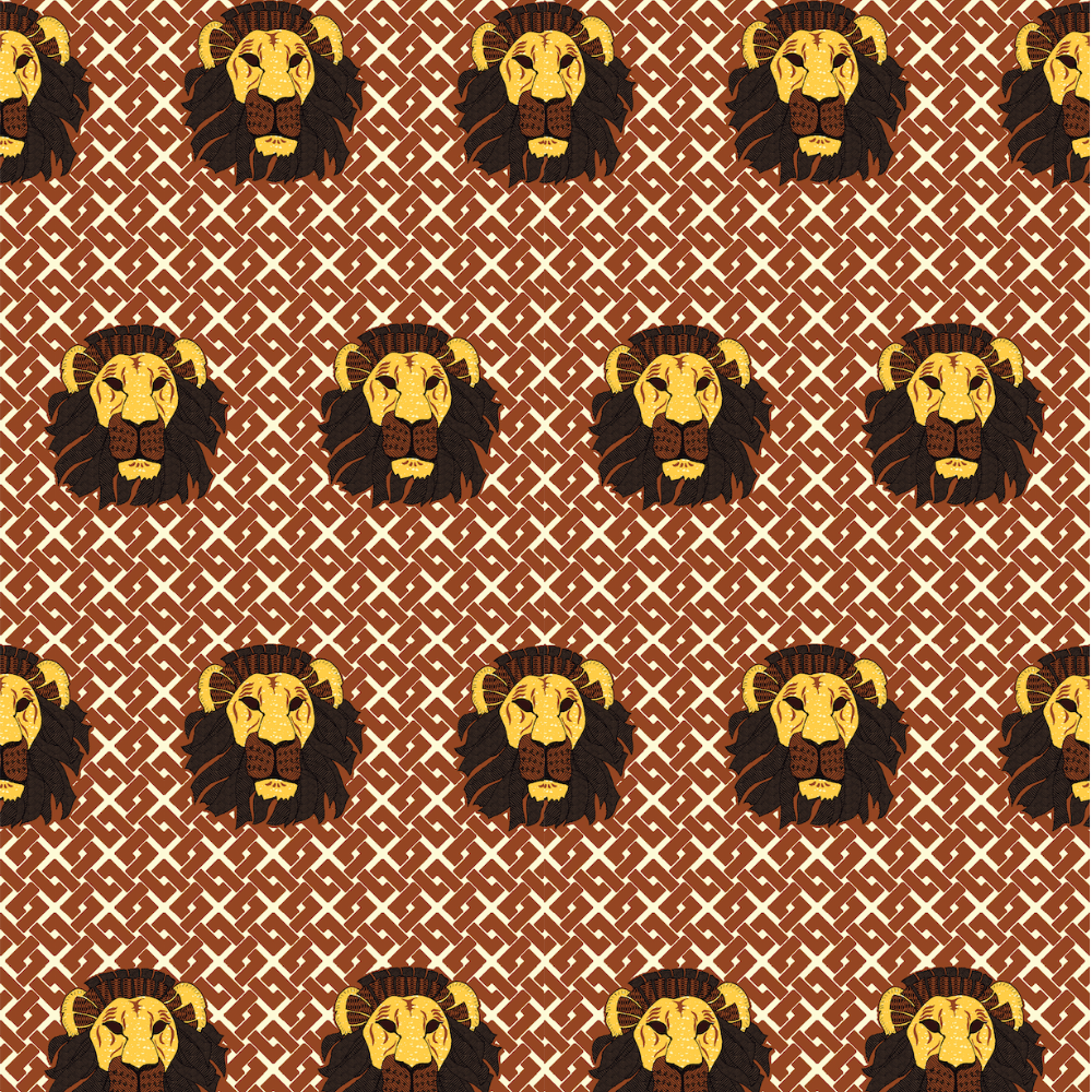 Detail of wallpaper in a repeating lion face print on a geometric field in shades of red, brown and yellow.