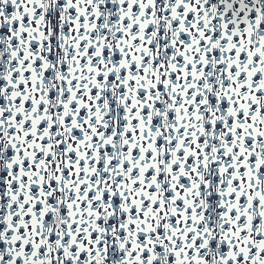 Close up of wallpaper with small scale painterly animal print in light and dark blue on white.