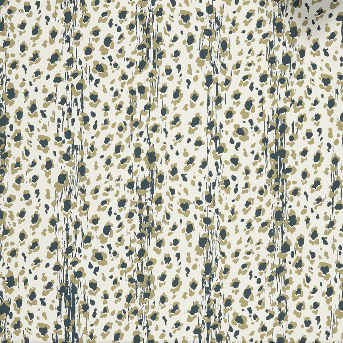 Close up of wallpaper with small scale painterly animal print in tan and dark green on white. 