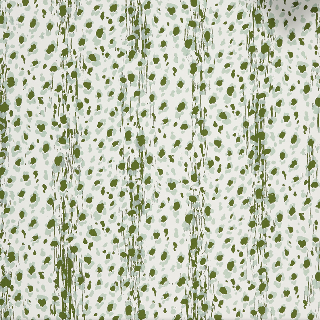 Close up of wallpaper with small scale painterly animal print in light blue and green on white. 