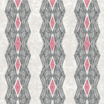 Detail of wallpaper in an intricate diamond stripe print in red and black on a cream field.