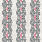 Detail of wallpaper in an intricate diamond stripe print in red and black on a cream field.