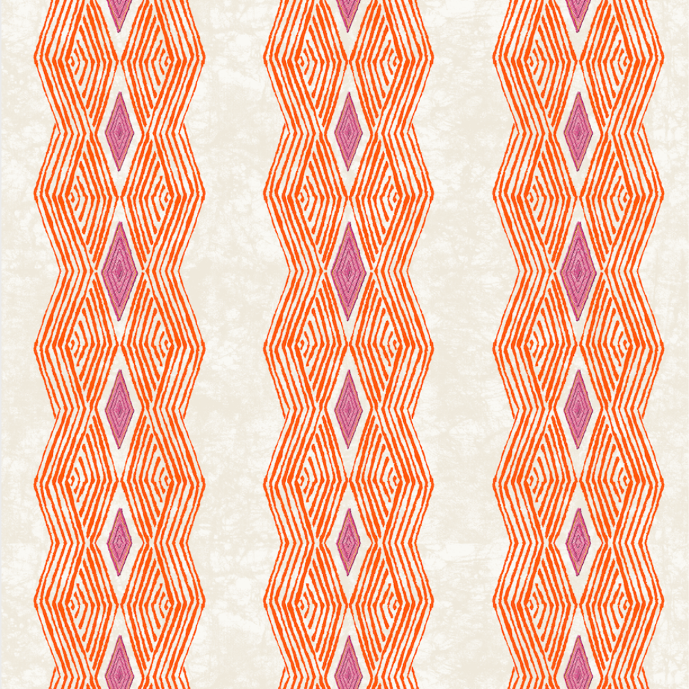 Detail of wallpaper in an intricate diamond stripe print in pink and orange on a cream field.