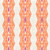 Detail of wallpaper in an intricate diamond stripe print in pink and orange on a cream field.