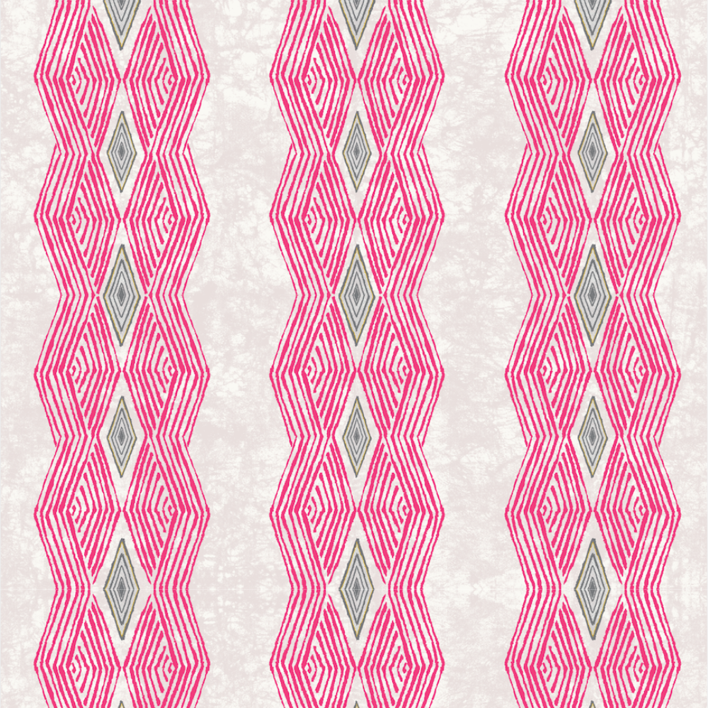 Detail of wallpaper in an intricate diamond stripe print in pink and grey on a cream field.