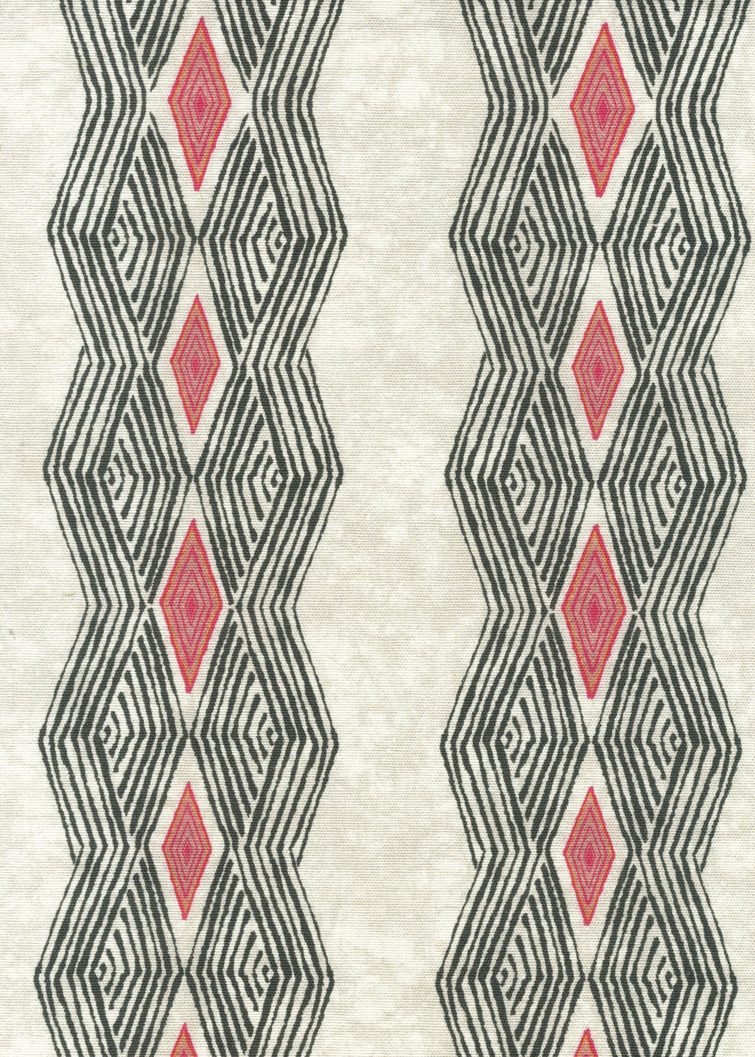 Detail of fabric in an intricate diamond stripe print in black and red on a cream field.