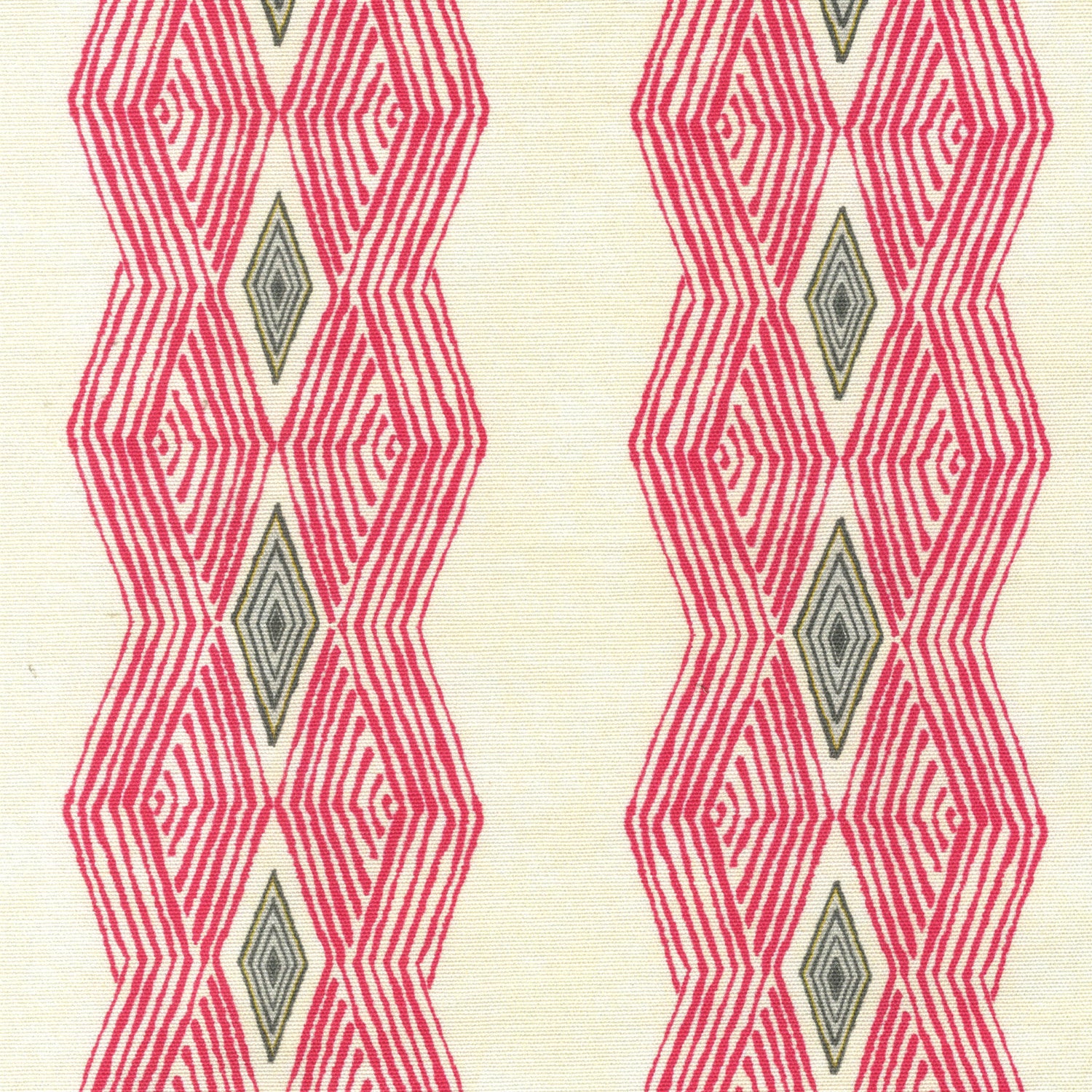 Detail of fabric in an intricate diamond stripe print in pink and green on a cream field.