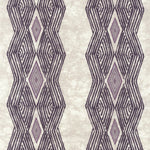 Detail of fabric in an intricate diamond stripe print in purple on a cream field.