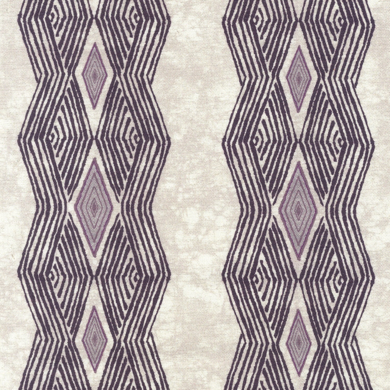 Detail of fabric in an intricate diamond stripe print in purple on a cream field.