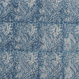 Detail of fabric in a paisley block print in cream on a navy field.