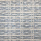 Broadloom carpet in slim plaid pattern in cream and light blue.