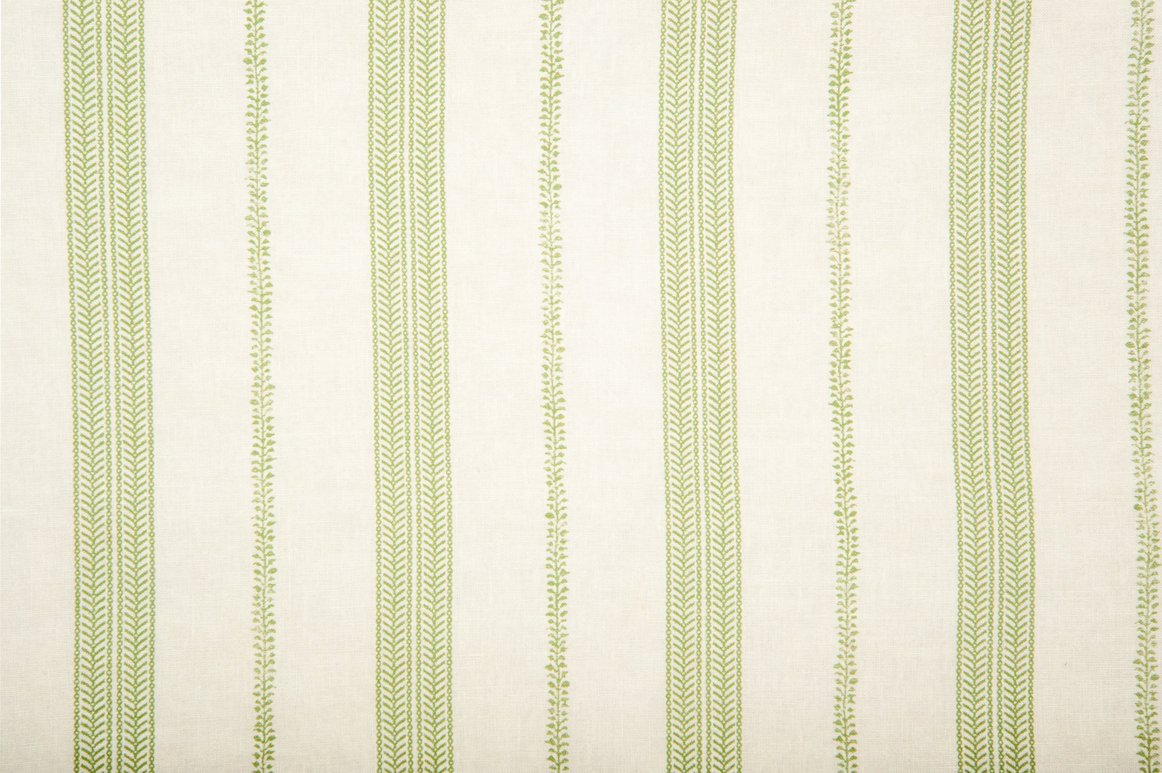 Detail of fabric in a small-scale botanical stripe print in green on a cream field.