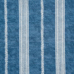 Detail of fabric in a small-scale botanical stripe print in white on an indigo field.