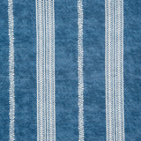 Detail of fabric in a small-scale botanical stripe print in white on an indigo field.
