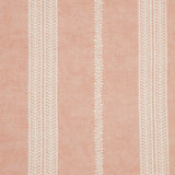Detail of fabric in a small-scale botanical stripe print in white on a light pink field.