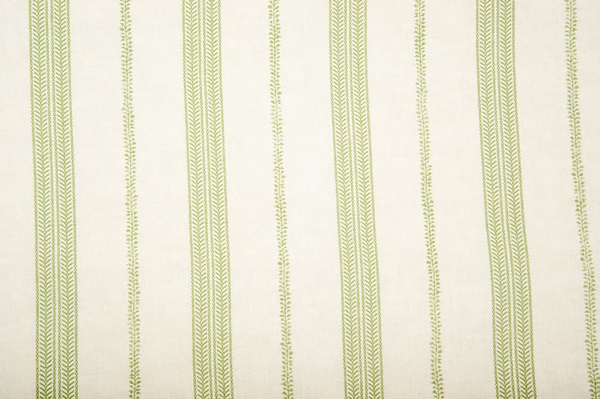 Detail of wallpaper in a small-scale botanical stripe print in light green on a white field.