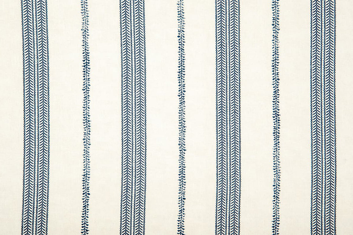 Detail of wallpaper in a small-scale botanical stripe print in navy on a cream field.