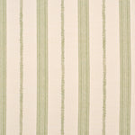 Detail of fabric in a small-scale botanical stripe print in green on a cream field.