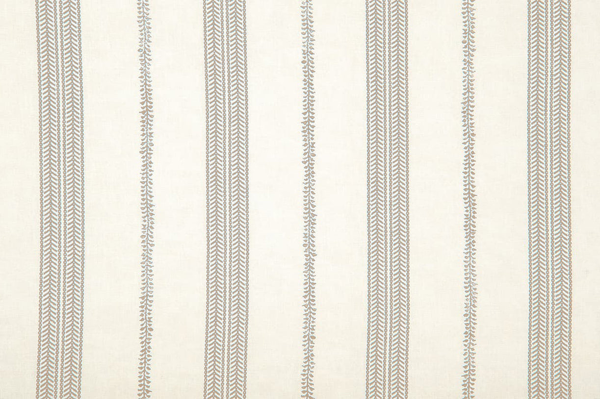 Detail of wallpaper in a small-scale botanical stripe print in gray on a cream field.
