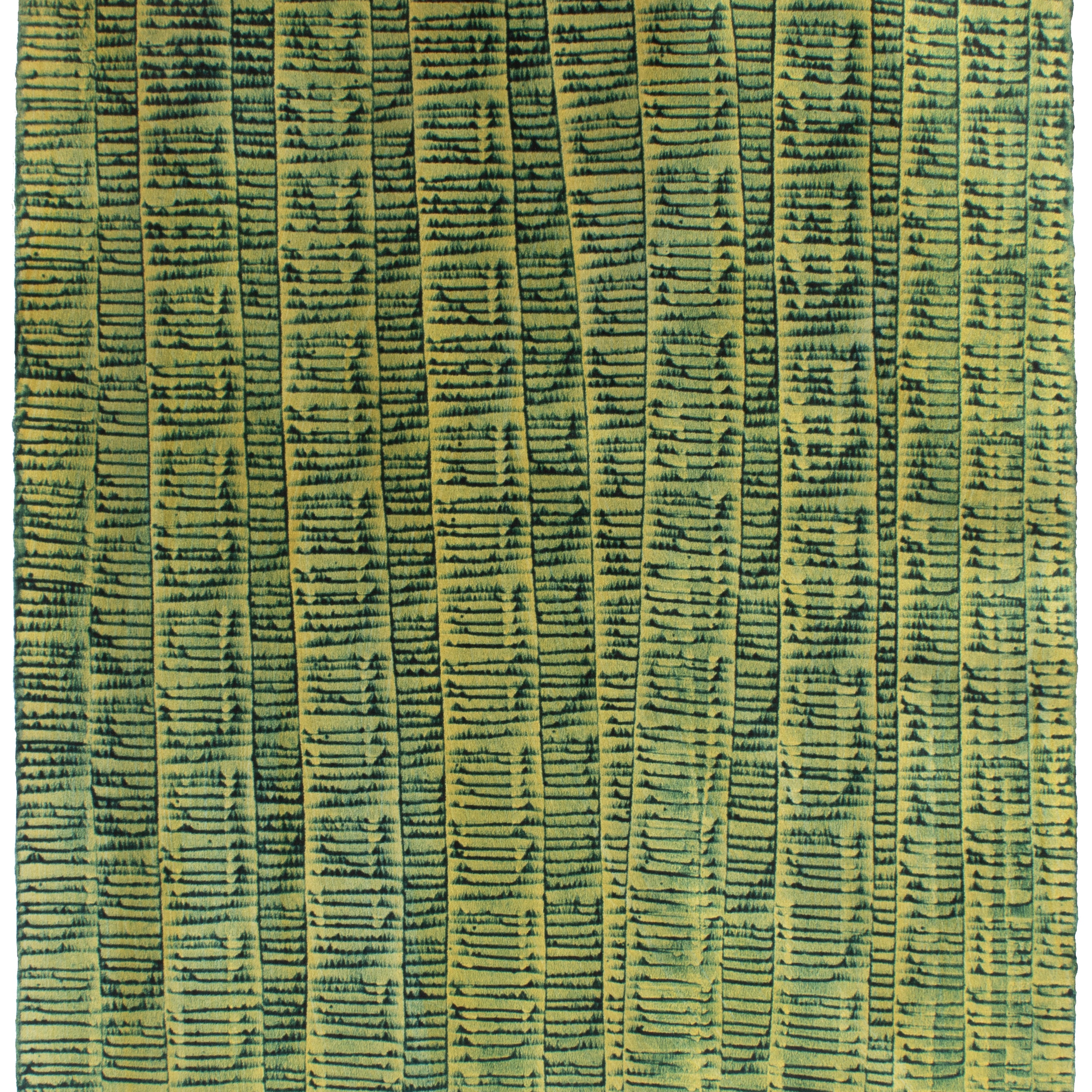 Sheet of hand-painted wallpaper with an undulating ribbon pattern in teal on a gold field.