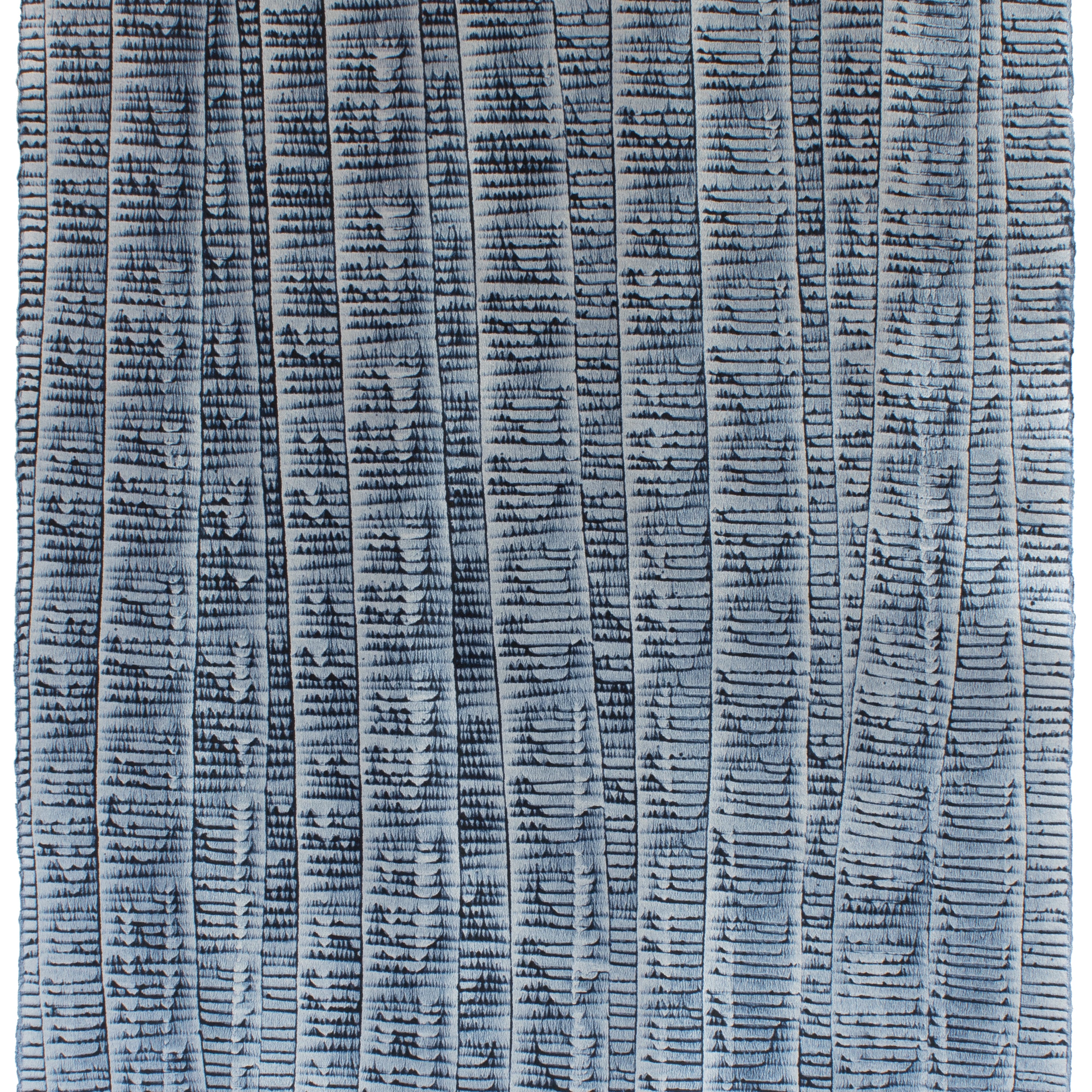 Sheet of hand-painted wallpaper with an undulating ribbon pattern in navy on a silver field.