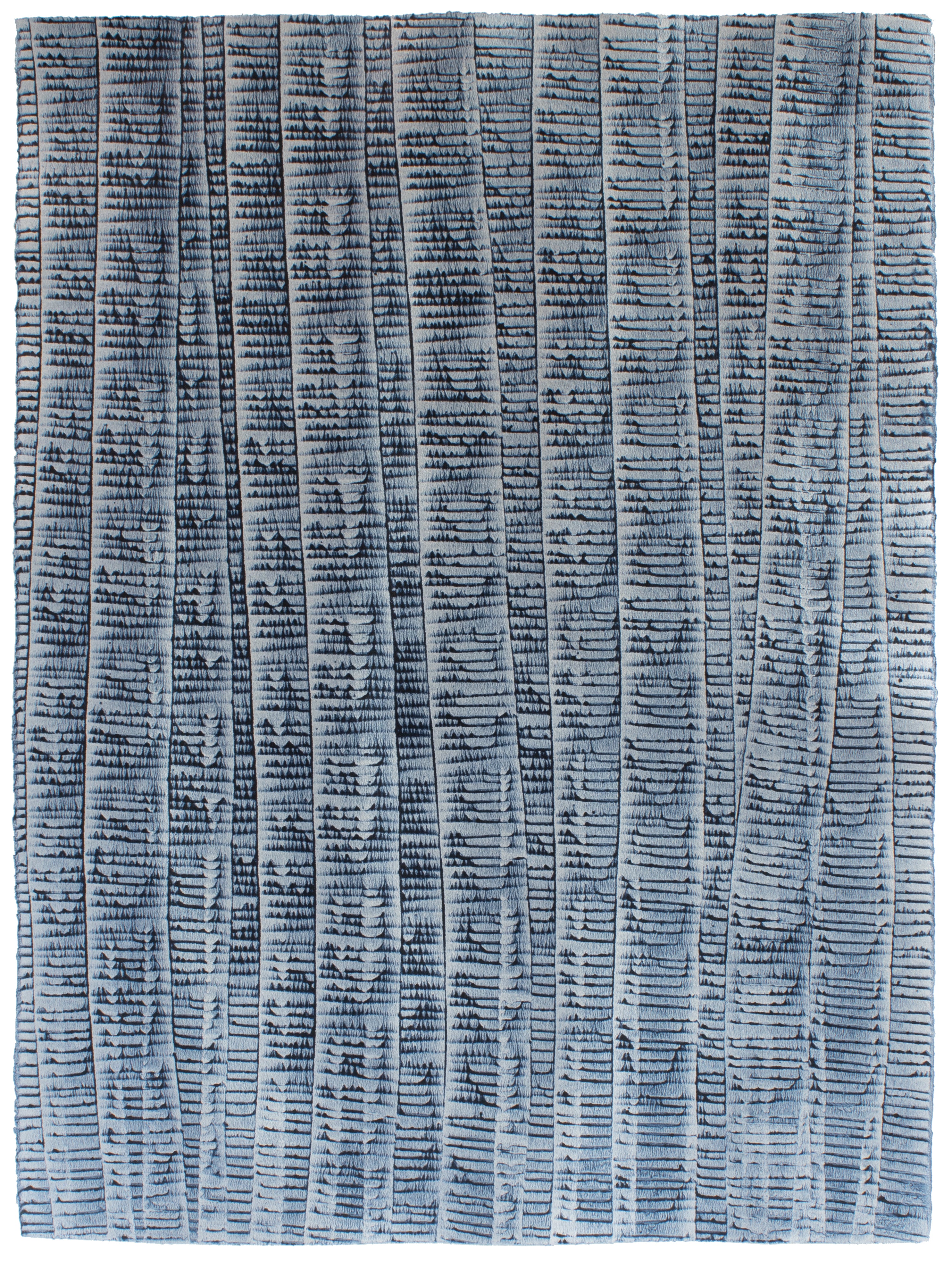 Sheet of hand-painted wallpaper with an undulating ribbon pattern in navy on a silver field.