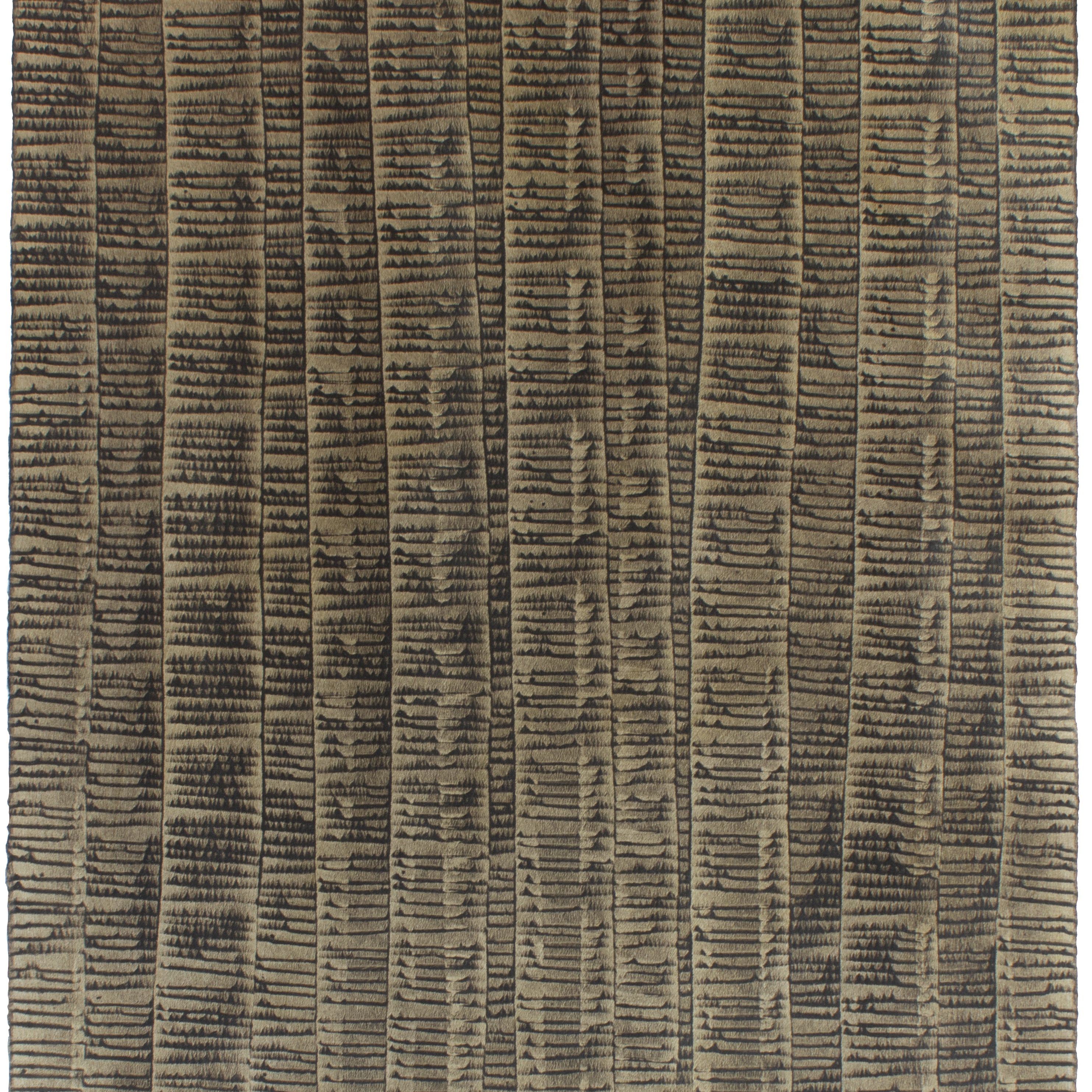 Sheet of hand-painted wallpaper with an undulating ribbon pattern in brown on a brass field.