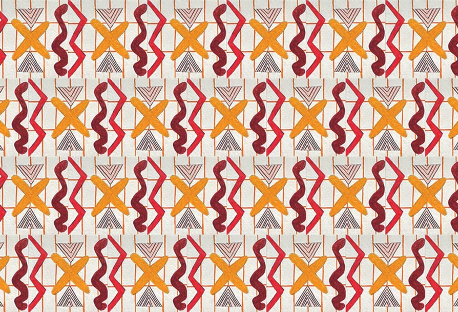 Close up of printed wallpaper with red squiggles, pink striped triangles, orange  X marks on a broken grid in orange on a white background. 