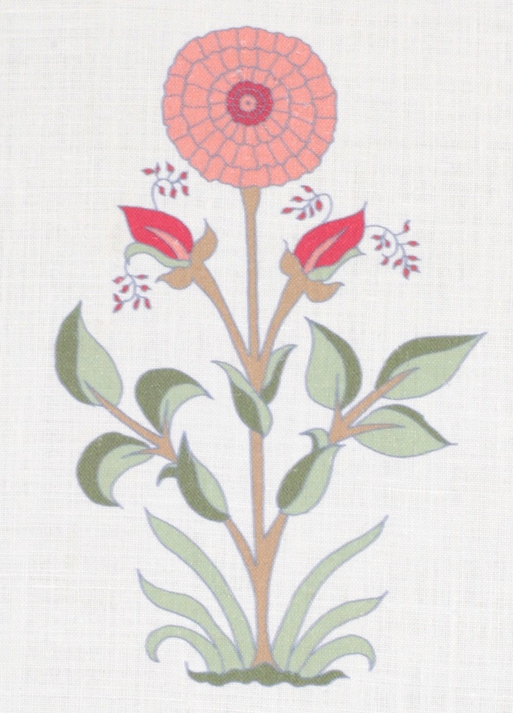 Detail of fabric in a large-scale marigold print in coral, red and green on a white field.