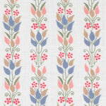 Detail of fabric in a striped botanical print in shades of blue, pink and green on a white field.