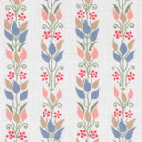 Detail of fabric in a striped botanical print in shades of blue, pink and green on a white field.
