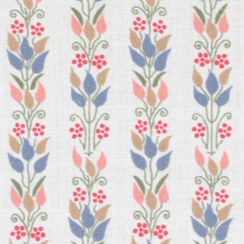 Detail of fabric in a striped botanical print in shades of blue, pink and green on a white field.