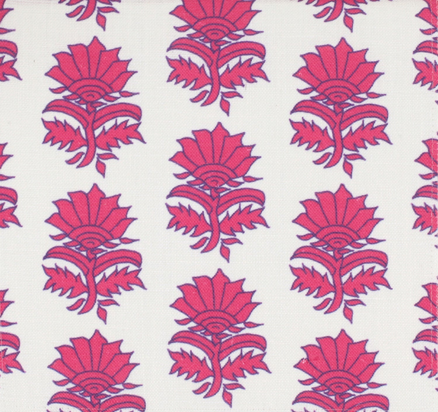 Detail of fabric in a repeating thistle print in pink and purple on a white field.
