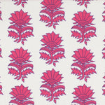 Detail of fabric in a repeating thistle print in pink and purple on a white field.