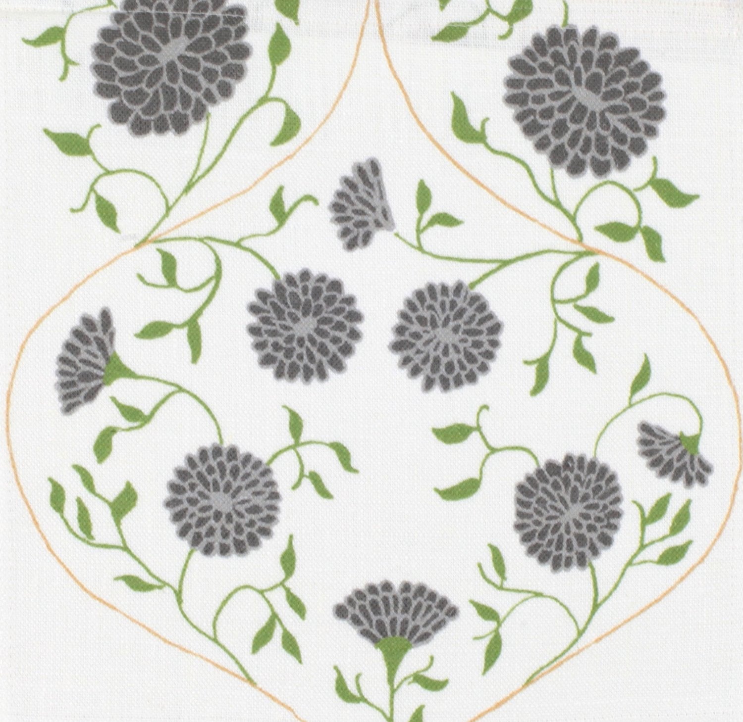Detail of fabric in a floral lattice print in gray, charcoal and green on a white field.