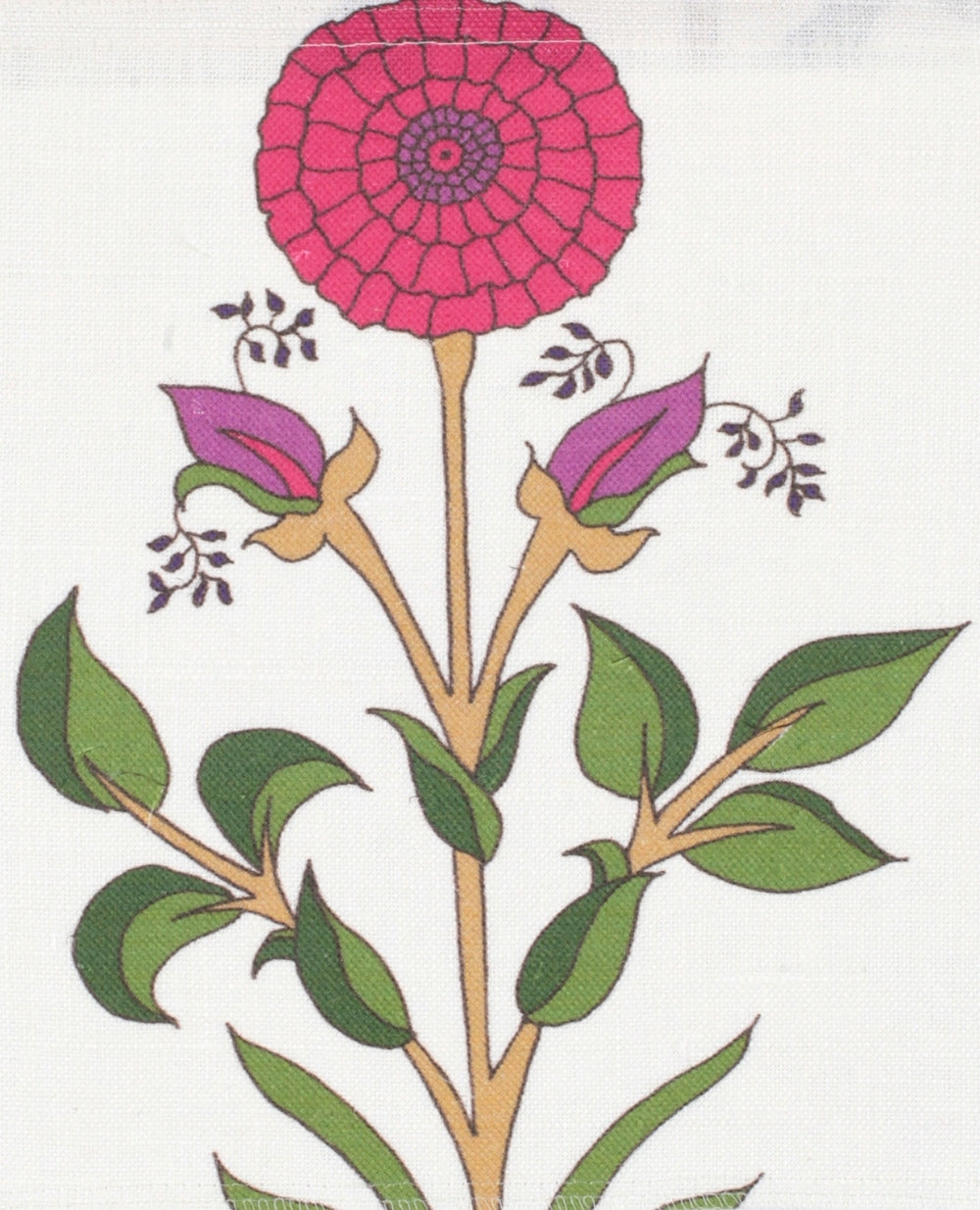 Detail of fabric in a large-scale marigold print in red, purple and green on a white field.