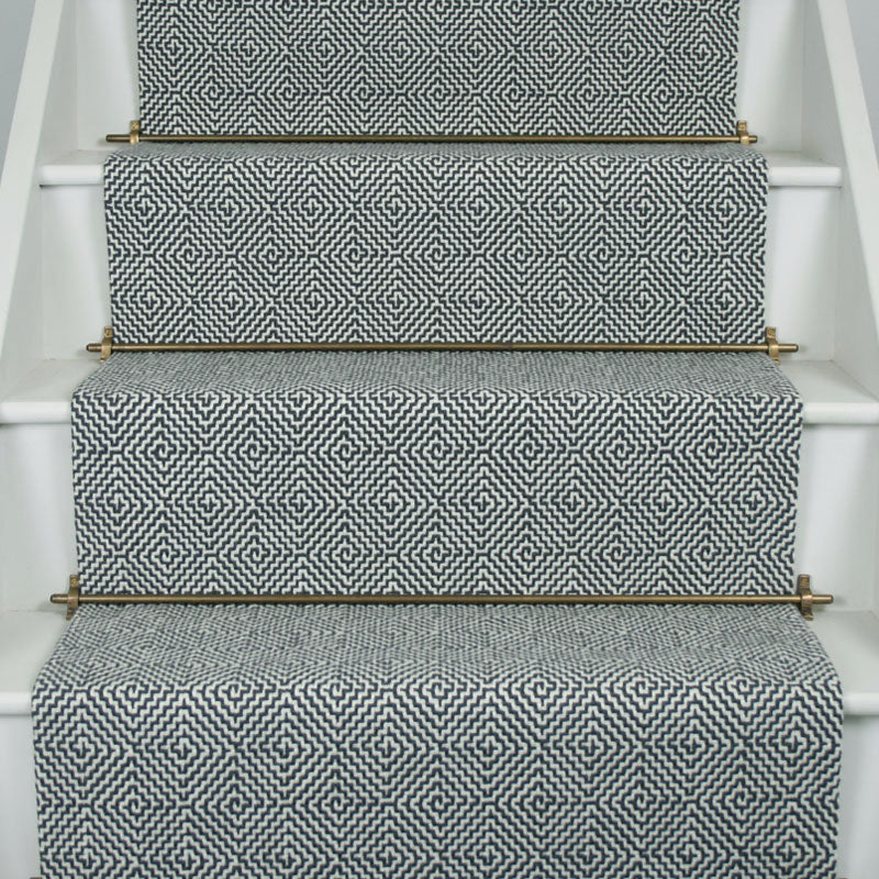 Diamond geometric flatweave runner in black and white on white stairase