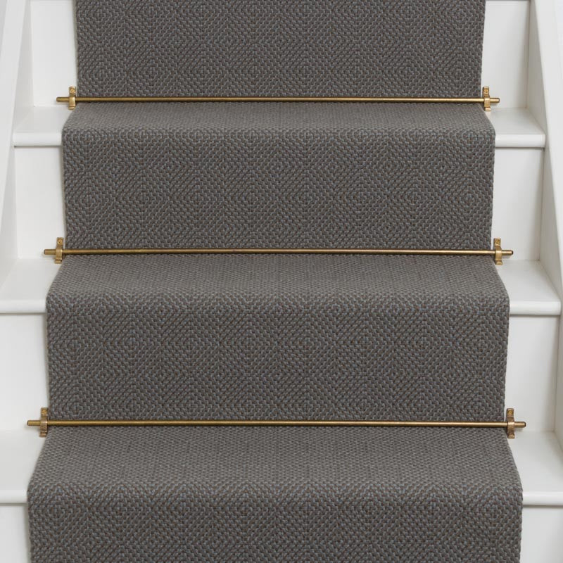 Diamond geometric flatweave runner in grey on white staircase