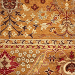 Decorative rug with intricate patterns and colors on a brown background