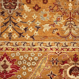 Decorative rug with intricate patterns and colors on a brown background