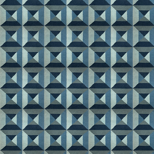 Geometric patterned rug with blue and gray triangles
