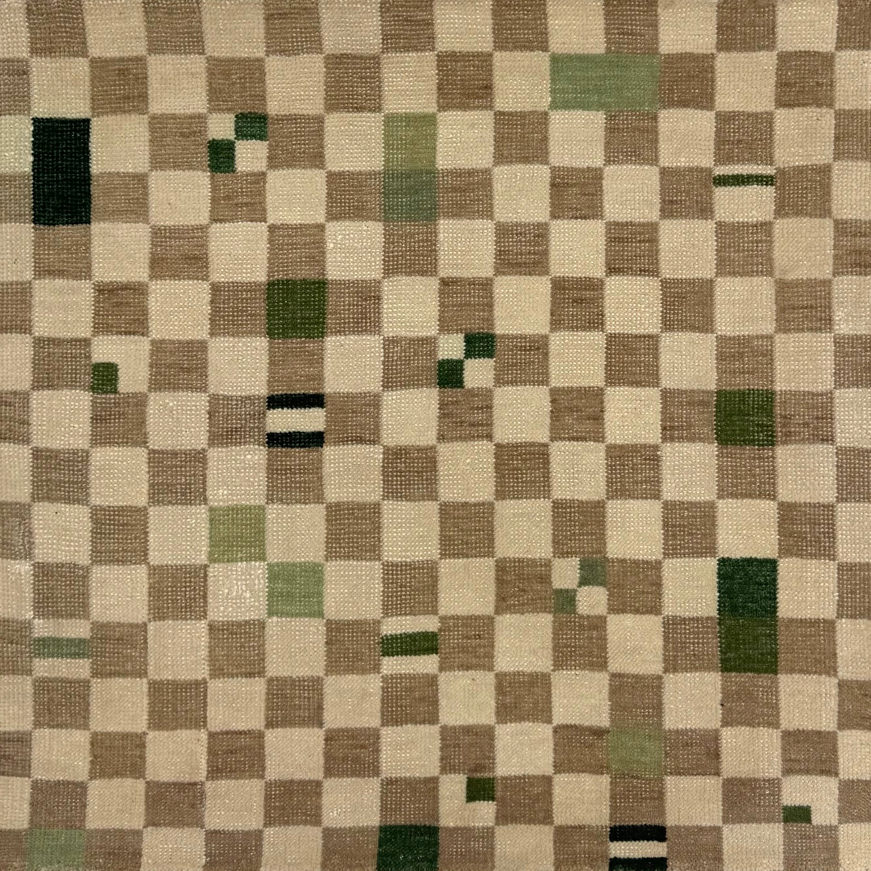 Checkered handknotted rug with brown, beige, and green squares