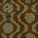 Handknotted rug with retro geo stripe in brown over a tan and blue checkerboard design. 
