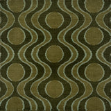 Handknotted rug with retro geo stripe in shades of green with aqua accents. 