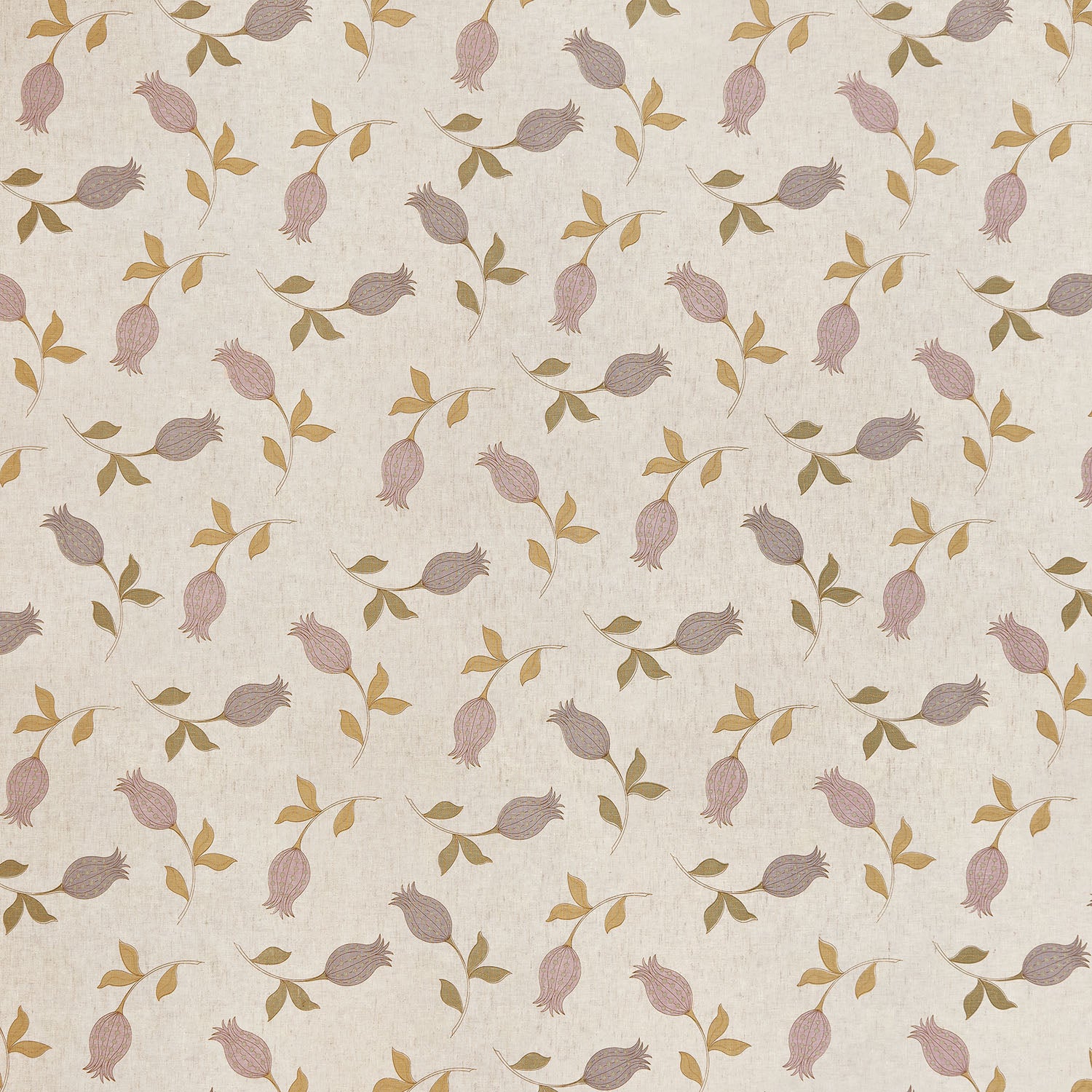 Fabric with a small-scale tulip print in shades of purple and tan on a cream field.